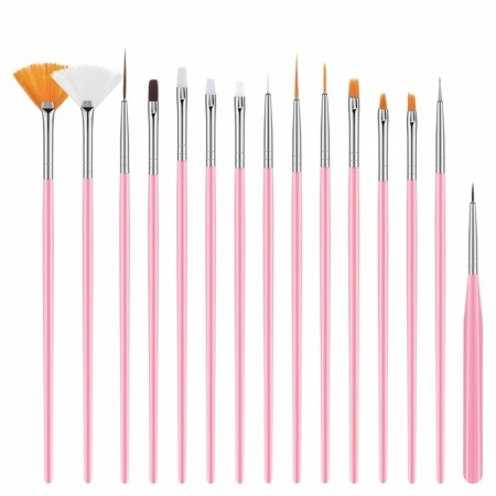 Børstesett med 15 børster til negledesign, PINK